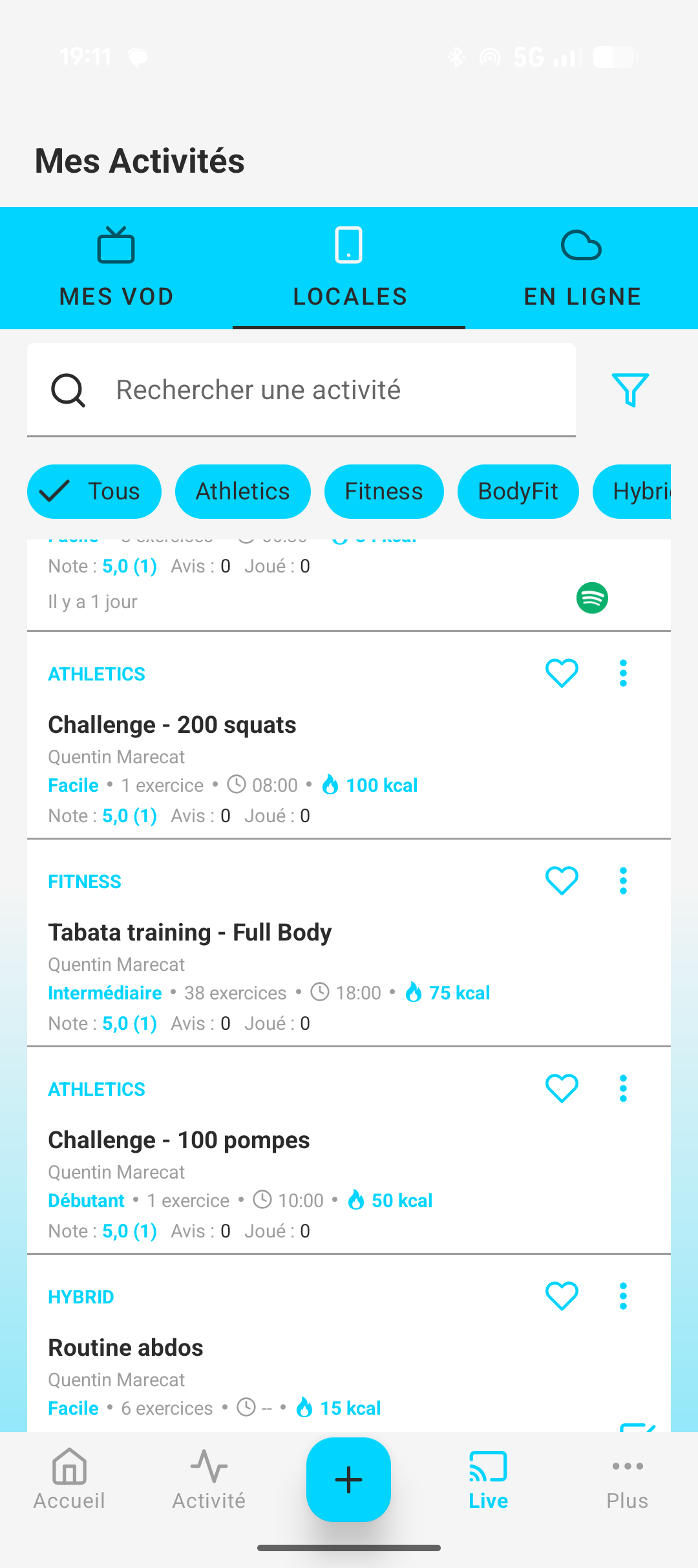 Liste d'activités sportives avec catégories dans LieX